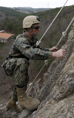 A member of U.S. Marine Corps Fleet Antiterrorism Security Team Pacific, comprising of 46 marines from a military base in Norfolk, Virginia and deployed currently to Japan's Yokosuka, participates in a mountain warfare drill in Pohang, about 370 km (230 miles) southeast of Seoul, Mar. 20, 2009. [Xinhua/Reuters]