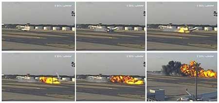 A FedEx Corp cargo plane bursts into flames at Narita International Airport, March 23, 2009, in this combination picture made from video grabs taken from TBS footage. [Xinhua/Reuters]