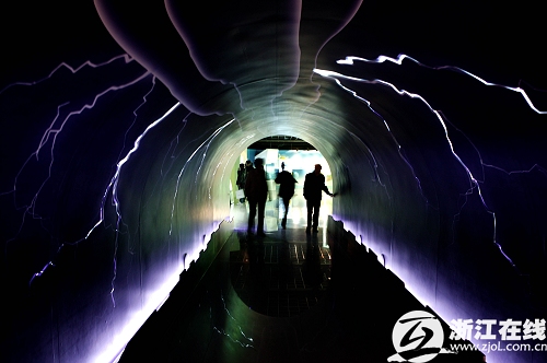 Visitors walk through the Thunderbolt Passage to experience the power of the nature, inside the Meteorologic Popular Science Hall for Public Experience, which opens to mark the World Meteorological Day, in Hangzhou, capital of east China's Zhejiang Province, March 23, 2009. 