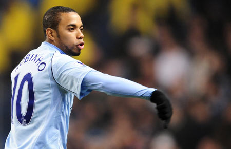 Manchester City's Robinho gestures during their English Premier League soccer match against Newcastle United in Manchester Jan. 28, 2009. (Xinhua/Reuters, File Photo) 