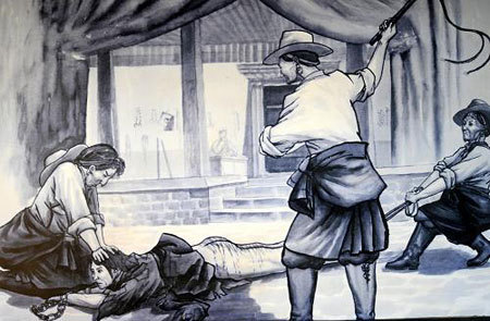 This picture on display at the Zhol City prison site drawn from real situation shows jailors whipping a prisoner. [Xinhua Photo]