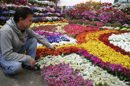 A man looks at flowers during the 12th Floriculture Trade Festival-2009 in Kathmandu, capital of Nepal, on March 25, 2009. The five-day Festival started in Kathmandu on Wednesday. [Bimal Gautam/Xinhua]