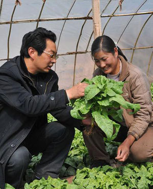 In this photot taken on March 24, 2009, Cheng Jianjun(L), director of vegetable office in Chamdo Prefecture showes Li Qinxiang how to plant lettuce in greenhouses. [Xinhua photo]