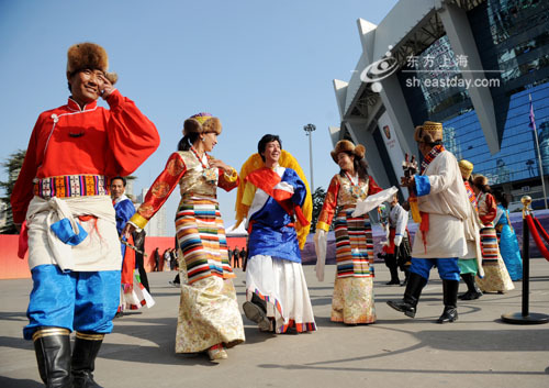 In this picture taken on March 3, 2009 Tibetan young people in Xigaze area rehearse a traditional Tibetan dance drama which will be televised on the Tibet Autonomous Region TV. 