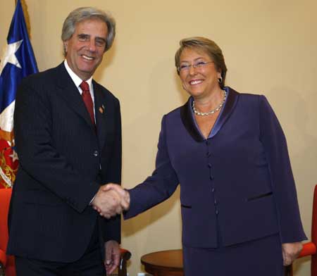 Uruguay's President Tabare Vazquez (L) shakes hand with Chile's President Michelle Bachelet before a bilateral meeting in Vina del Mar city, about 75 miles (121 km) northwest of Santiago March 28, 2009. 