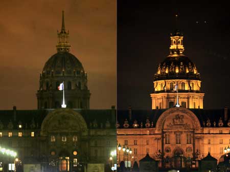 Combo photo taken on March 28, 2009 shows the Invalides when lights are turned off after 8:30 p.m. and turned on one hour later in the Earth Hour event sponsored by the World Wildlife Fund in Paris.