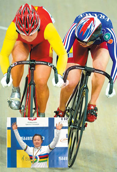 Above: China's Guo Shuang (left), winner of the Women's Keirin, holds off Clara Sanchez of France who placed second at the World Track Cycling Championships at Pruszkow, near Warsaw, Poland, on Sunday. (Inset): Gold medalist Guo celebrates on the podium during the medal ceremony. [AP]