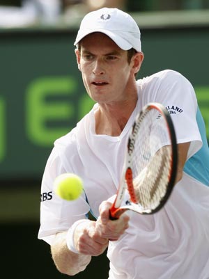 Andy Murray of Britain returns a shot to Nicolas Massu of Chile during their match at the Sony Ericsson Open tennis tournament in Key Biscayne, Florida March 30, 2009.