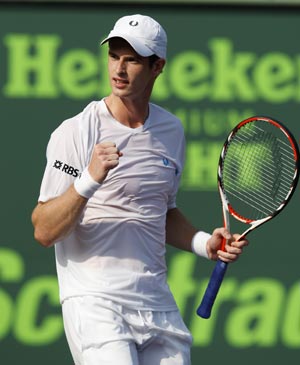 Andy Murray of Britain celebrates after winning his match against Nicolas Massu of Chile at the Sony Ericsson Open tennis tournament in Key Biscayne, Florida March 30, 2009.