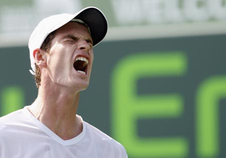 Andy Murray of Britain reacts during his match against Nicolas Massu of Chile at the Sony Ericsson Open tennis tournament in Key Biscayne, Florida March 30, 2009.