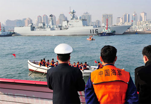 A type 051C or Luzhou class destroyer deployed by the PLA Navy North Sea Fleet is anchored at a military harbour in Qingdao, east China's Shandong Province. Fleets from 30 nations, including major powers such as the US and Russia, will gather on the shores in the city for a large-scale maritime parade on April 23, which marks the 60th anniversary of the Chinese Navy. [Photo: Global Times] 