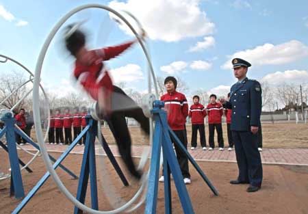 Pilot trainees spin on wheels in an examination before gradution in China, March 30, 2009. China's first batch of female jet fighter pilots were conferred the rank of lieutenant on April 2. 