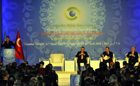 Spanish Prime Minister Jose Luis Rodriguez Zapatero (L1) addresses the Second Forum of Alliance of Civilizations held in Istanbul, Turkey, April 6, 2009. Launched in 2005 under the auspices of the United Nations, the Alliance of Civilizations seeks to address tensions across cultural divides that threaten to inflame existing political conflicts or trigger new ones. 