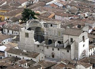 An aerial view of Santa Maria Paganica church in L'Aquila, central Italy, on Tuesday, April 7, 2009, a day after a powerful earthquake struck the Abruzzo region. [Alessandra Tarantino/CCTV/AP Photo] 