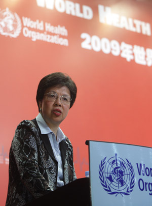 WHO Director-General Dr Margaret Chan delivers a speech at a ceremony sponsored by the WHO in Beijing April 7, 2009. The World Health Organization (WHO) launched a global campaign to improve hospital safety in emergencies here Tuesday on the World Health Day. (Xinhua/Xing Guangli) 