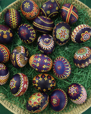 Traditionally hand painted Easter eggs are on display for sale in the eastern German village of Schleife, April 8, 2009. A goose feather is used to decorate the eggs with wax, which are then dipped into colour dye several times in this traditional painting method by members of the Slavic ethnic minority community of Sorbs. Each colour that is applied takes one hour. 