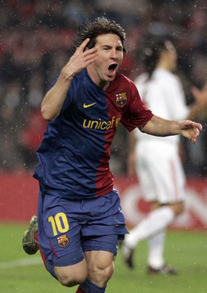 FC Barcelona's Lionel Messi of Argentina celebrates scoring the opening goal against Bayern Munich during a Champions League quarterfinal first leg soccer match at the Camp Nou Stadium in Barcelona, Spain, Wednesday, April 8, 2009.