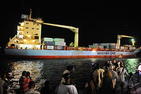 The Maersk Alabama prepare to dock at the Mombassa port in Kenya, Saturday, April 11, 2009.