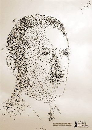 A new ad campaign by Africa Directo for malaria awareness uses mural drawings of mosquitoes to make its point. The portrait of despots like Hitler is created by drawing thousands of mosquitoes to define their features. The caption reads, 'Nothing and no one takes as many lives as malaria.'[Yangtse.com]