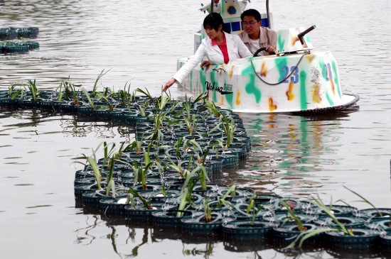 Photo taken on April 11, 2009 shows tourists attracted by the aquatic plants on the artificial floating island in the Apricot Blossom Park of Hefei, capital city of Anhui Province. This floating island, made up of over 1,600 circular ecological floating beds, aims to purify water and solve issues of algae bloom. [Xinhua] 