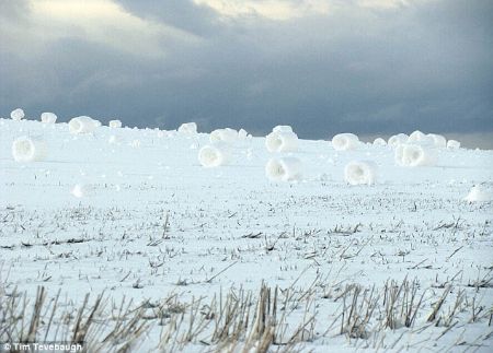 The snow rollers - some 2ft high - were spotted by firefighter Tim Tevebaugh near Craigmont, Idaho. [CRI]