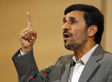 Iran's President President Mahmoud Ahmadinejad addresses the High Level segment of the Durban Review Conference on racism at the United Nations European headquarters in Geneva April 20, 2009. 