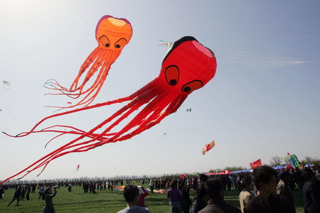 Octopus-shaped kites float in the air at the 26th Weifang International Kite Festival in Weifang, east China's Shandong Province, on Tuesday, April 21, 2009. [Photo: CFP]