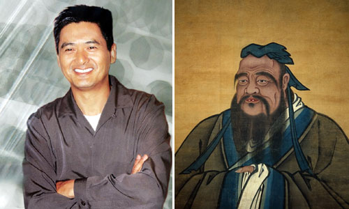 Actor Chow Yun-Fat and a portrait of Confucius