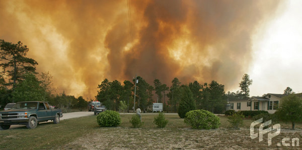 A rapidly moving fire consumes the woods on Thursday, April 23, 2009, near North Myrtle Beach, South Carolina, on Thursday, April 23, 2009. [Logan Mock-Bunting/GettyNorthAmerica/CFP]