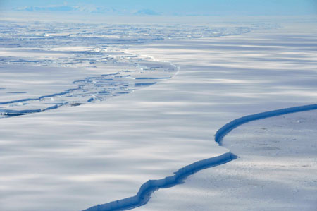 The Wilkins Ice Shelf off the Antarctic Peninsula is seen breaking up January 18, 2009.[Xinhua]