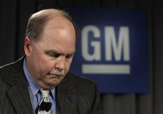 General Motors President and CEO Fritz Henderson addresses the companies viability plan in Detroit, Monday April 27, 2009. [Paul Sancya/CCTV/AP Photo] 