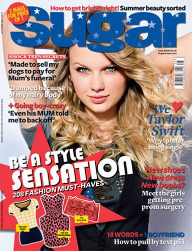 Country/pop singer Taylor Swift has landed herself on the June 2009 cover of the UK's Sugar Magazine. Along with her beautiful pictures Taylor also shares that her parents are convinced she started singing when she was less than a year old. 