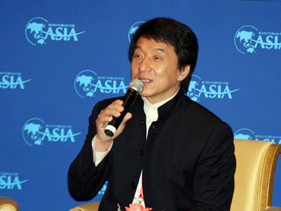 Kungfu movie star Jackie Chan speaks at the Asia Boao Forum in Hainan province April 21. His comments on cultural freedom was later lambasted by netizens. 