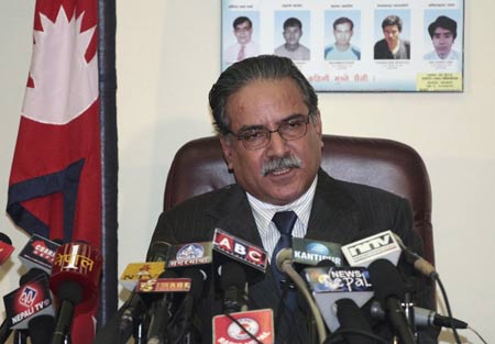 Nepal's Prime Minister Prachanda announces his resignation from his office during a nationwide broadcast in Kathmandu May 4, 2009. Prachanda resigned on Monday from the cabinet after a crisis sparked by his sacking of the country's army chief.