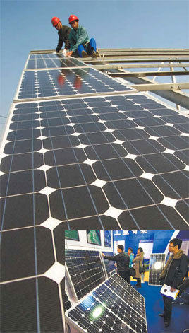 Installing photovoltaic panels on a building in Chaohu, Anhui province. (Inset): Potential customers inspect solar panels.