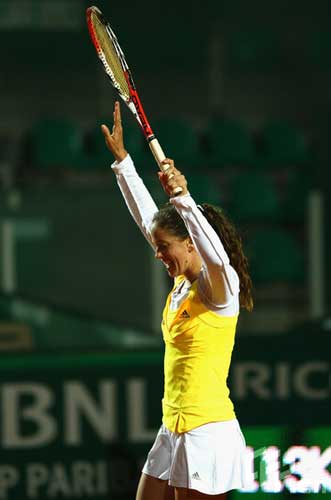 Patty Schnyder of Switzerland celebrates victory during her second round match against Serena Williams of the USA during day two of Rome Masters tennis tournament at Foro Italico on May 5, 2009 in Rome, Italy.