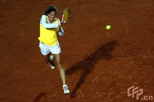 Patty Schnyder of Switzerland hits a backhand during her second round match against Serena Williams of the USA during day two of Rome Masters tennis tournament at Foro Italico on May 5, 2009 in Rome, Italy.