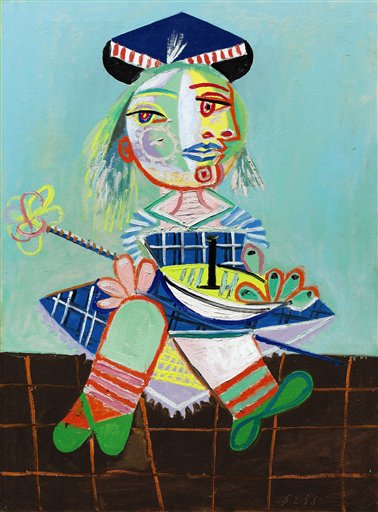 This image shows Pablo Picasso's 'La Fille de l'artiste a deux ans et demi avec un bateau,' a 1938 oil depicting the artist's daughter Maya.
