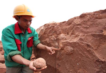 A construction worker shows the dinosaur egg fossils at a construction site in Nankang, east China's Jiangxi Province, May 7, 2009. Some 22 round dinosaur egg fossils, with the diameter of 10-12 centimeters, were found here recently. (Xinhua/Xu Chaoyang) 