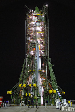 Soyuz-U space rocket carrying Progress M-02M unmanned cargo transport seen on the launch pad at Baikonur Cosmodrome. [CFP]