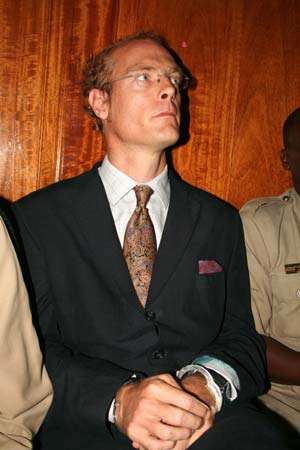 Thomas Cholmondeley, a British aristocrat, attends the hearing at the Kenyan court in Nairobi, capital of Kenya, May 12, 2009. The Kenyan high court on Tuesday delayed sentencing British aristocrat Thomas Cholmondeley convicted last week of the manslaughter of Robert Njoya, a poacher, on his estate in May 2006. [Xinhua]