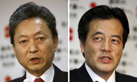 A combination photo shows Japan's main opposition Democratic party secretary general Yukio Hatoyama (L) and vice president Katsuya Okada speaking during a news conference at the party headquarters in Tokyo May 14, 2009. Democratic Party lawmakers will choose a party leader on Saturday after scandal-hit Ichiro Ozawa quit to revive the group's chances of ending more than a half-century of almost unbroken rule by the conservative Liberal Democratic Party (LDP). 