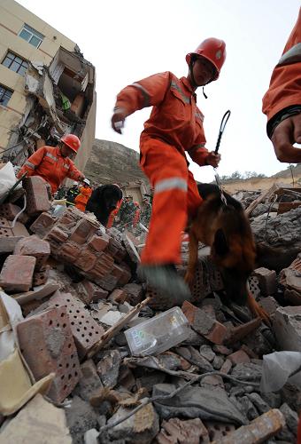 Rescuers search for survivors amid the ruins of a collapsed residential building at the Jiuzhou Economic Development Zone in Lanzhou, Gansu province May 17, 2009. Part of the building collapsed due to a landslide late Saturday, killing five people and leaving two others missing. [Photo: Xinhua]