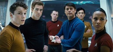 In this film publicity image released by Paramount Pictures, from left, Anton Yelchin as Chekov, Chis Pine as James T. Kirk, Simon Pegg as Scotty, Karl Urban as Bones, John Cho as Sulu and Zoe Saldana as Ohura are shown in a scene from, 'Star Trek.' 