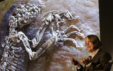 Dr. Jorn Hurum of the Museum of Natural History and the University of Oslo speaks next to a slide of a 47 million year old primate fossil known as 'Ida' at the Museum of Natural History May 19, 2009, during a news conference where the find was unveiled. [China Daily/Agencies]