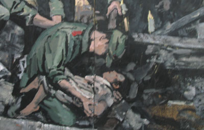 A soldier bows his head as he holds an injured child. The painting created by a group of young artists from the China Central Academy of Fine Arts (CAFA) has been exhibited to pay tribute to the dead and console the survivors. 