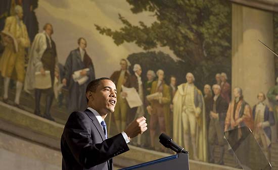 U.S. President Barack Obama delivers a major speech on national security at the U.S. National Archives in Washington, DC. Amid a contentious debate on how to deal with terror suspects held at the Guantanamo prison, U.S. President Barack Obama on Thursday vowed to break from Bush-era policies and tried to convince Americans he can make it right.[Xinhua/Reuters]