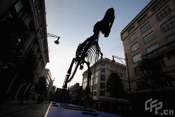 A giant model Tyrannosaurus Rex, as featured in 'Night of the Museum 2' tours Oxford Street in advance of his appearance during the up-coming May Bank Holiday Weekend Celebration on May 21, 2009 in London, England. [CFP]