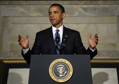 U.S. President Barack Obama speaks about America's national security while at the National Archives in Washington, May 21, 2009. 