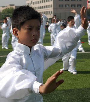 Chinese students present a group performance of Chinese Taichi, or shadowboxing, during a show in Cangzhou city, north China